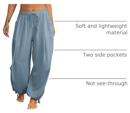 Image of Women's Linen Balloon Barrel Beach Pants Boho Harem Flowy Drawstring Casual Loose Pants with Pockets