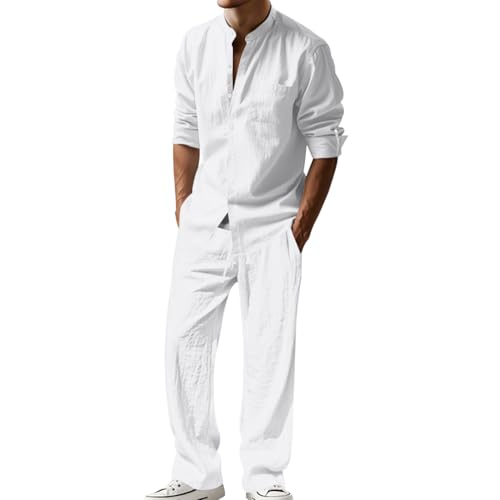 Oanviso Hombre 2 Piezas de Algodón y Lino Mangas Larga Camisa Moda Camiseta + Pantalones Deportivos Pantalón Completo Casual Traje Conjuntos Primavera Verano A Blanco L
