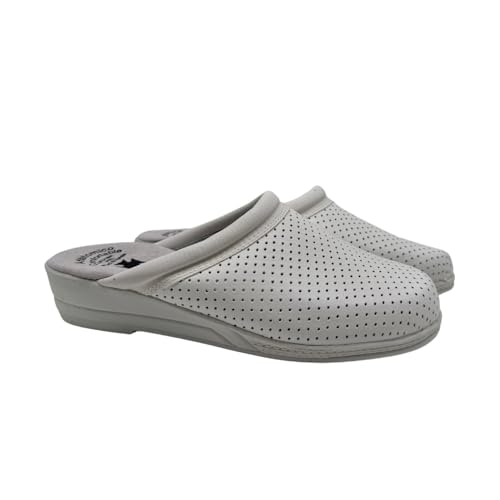 Zuecos Mujer Antideslizantes de Trabajo Calzado Sanitario y ortopédico cómodo para Enfermera, Cocina u Hospital Zapatillas de Piel o Goma Blancas y Azules de la Talla 35 a 41