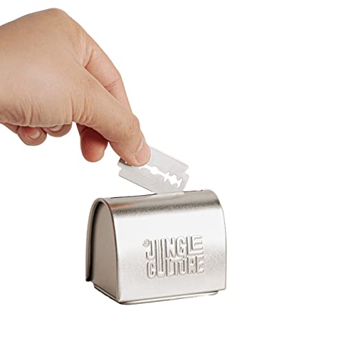 Jungle Culture Banco de cuchillas de afeitar de seguridad • Caja de lata de eliminación de cuchillas • Contenedor de cuchillas • Soporte de hoja de afeitar de doble filo • Caja de almacenamiento
