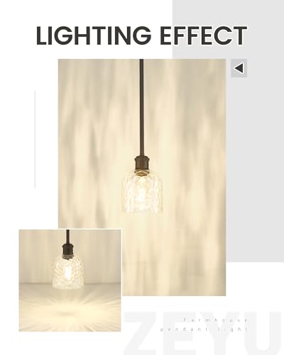 Image of zeyu Bronze Adjustable Pendant Lighting, 2 Pack Hanging Kitchen Lights, 1-Light Farmhouse Glass Pendant Light with Clear Hammered Glass, Oil Rubbed Bronze Finish, ZJF63MIL-2PK ORB