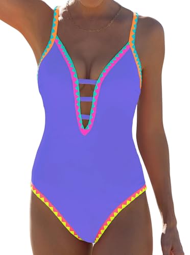 Image of popvil Women One Piece Swimsuit Deep V Neck Neon Cute Bathing Suit | Neon Contrast Trim, Adjustable Straps, Cutout, Soft Stretch Fabric, Back Tie, Quick-drying, Beach, pool, cruise vacation