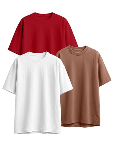 Image of Veirdo 100% Pure Cotton Drop Shoulder Oversized Baggy Fit Half Sleeve Plain Solid Round Neck Multicolor T-Shirt Combo for Men (Pack of 3) (Sizes S-2XL)