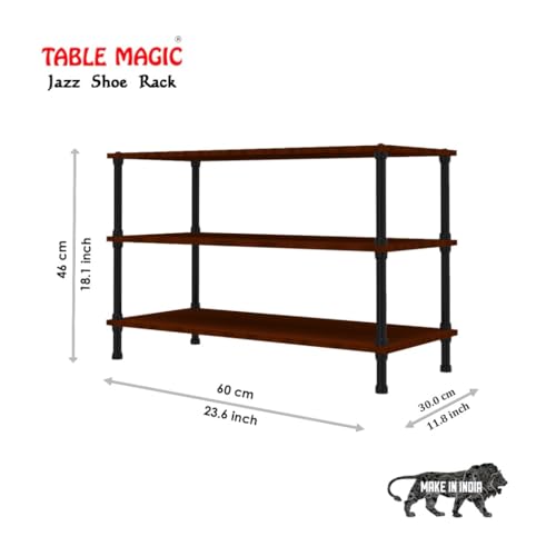 Image of TABLE MAGIC Jazz Shoe Rack Wooden Organizer | 3-Tier Multipurpose Shoes Stand for Home Wooden Shelves with & Steel Frame, Space-Saving Home Organizer, D30 x W60 x H46cm - Mahogany