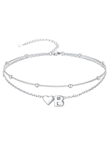 Image of SILVERCUTE Silver Anklets for Women, Waterproof Initial Heart Ankle Bracelets Sterling Silver, Adjustable Layered Foot Jewelry Summer Beach Fashion with Personalized Name Design, Gift Package