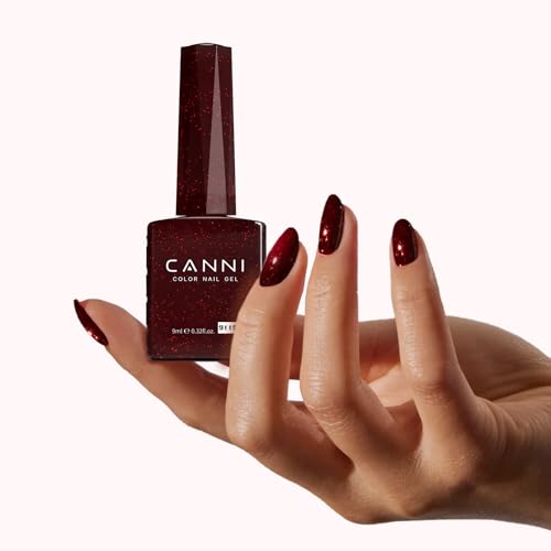CANNI Dark Burgundy Glitter Red Gel Nail Polish, 1Pcs Sparkle Bright Red Gel Polish Color High Gloss Soak Off U V Nail Manicure Salon DIY
