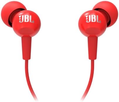 JBL C100SI Wired In Ear Headphones with Mic, JBL Pure Bass Sound, One Button Multi-function Remote, Premium Metallic Finish, Angled Buds for Comfort fit (Red)