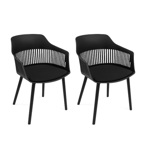 Image of Creative Black Plastic Dining Chairs Set of 2 | Armrest Spindle Back Design | Plastic Shell and Legs | 1.47 Feet Seat Height | Dining Kitchen Cafe Restaurant Living Room Home Use