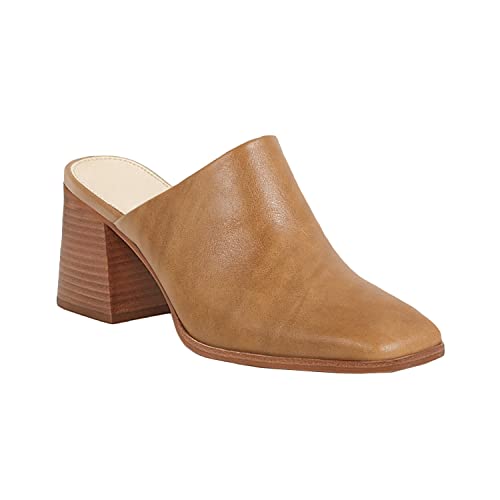 Trish Lucia Women's Chunky Heel Mules Closed Square Toe Heeled Slip on Clogs Casual Backless Loafers Shoes Light Brown