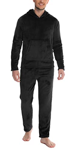 Vlazom Herren Schlafanzug Flanell Hausanzug Winter Pyjama Set Lang Zweiteiliger Schlafanzug mit Kapuze（XXL,Schwarz