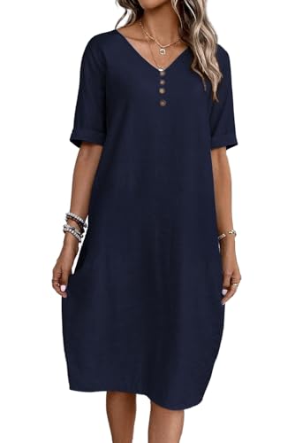 Sommerkleid Damen V-Ausschnitt Leinen Kleider Kurzarm A-Linie Kleid Midikleid Strandkleid Freizeitkleid mit Taschen