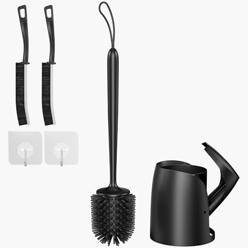 Escobilla de baño con soporte de cierre automático, incluye 2 cepillos de limpieza para juntas y esquinas con ganchos