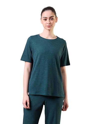 Image of TECHNOSPORT Women Relaxed Fit Cubic Melange Round Neck T-Shirt | Quick Dry Polyester Casual Tee with UPF 50+ UV Protection, Anti-Microbial & Double Cool Technology