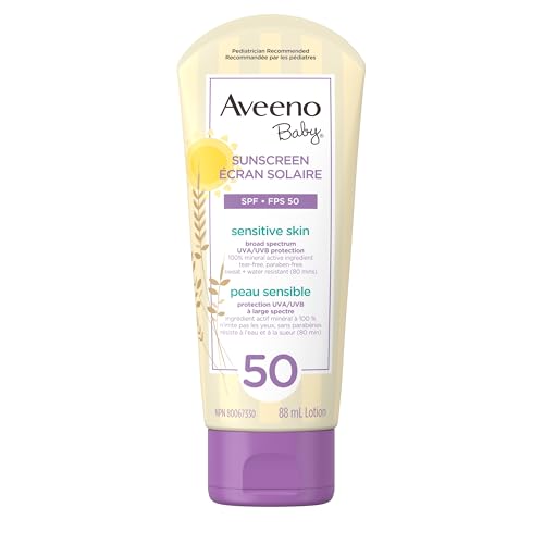 Aveeno Baby Mineral Sunscreen Lotion SPF 50-100 Naturally Sourced Zinc Oxide for Sensitive Skin – Water Resistant – 88 mL(packaging may vary)