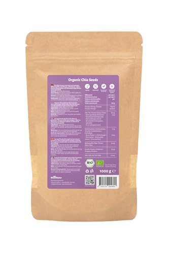 RheinNatur Bio Chia Samen 1 kg - 100% Bio Chiasamen - Reich an Proteinen, Ballaststoffen & Omega-3-Fettsäuren - Ideal für Salate, Joghurt, Müsli & Chia-Wasser - 1000 g Beutel
