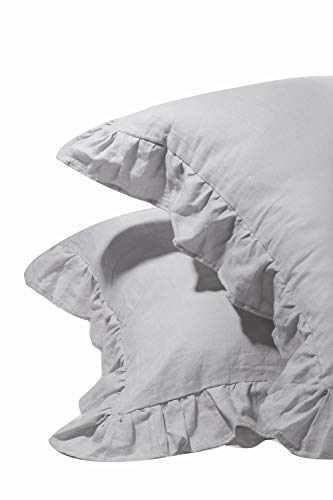 MEADOW PARK Stone Washed French Linen European Pillow Sham, Set of 2 Pieces, 26 inches x 26 inches Square Euro Sham, Super Soft, Ruffled Style, Silver Grey Color