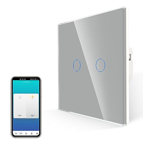 JIMEIDA Interruptor de luz Smart Touch gris, no requiere cable neutro, interruptor Alexa funciona con Google Home, placa de cristal sin tornillos, 2 marchas