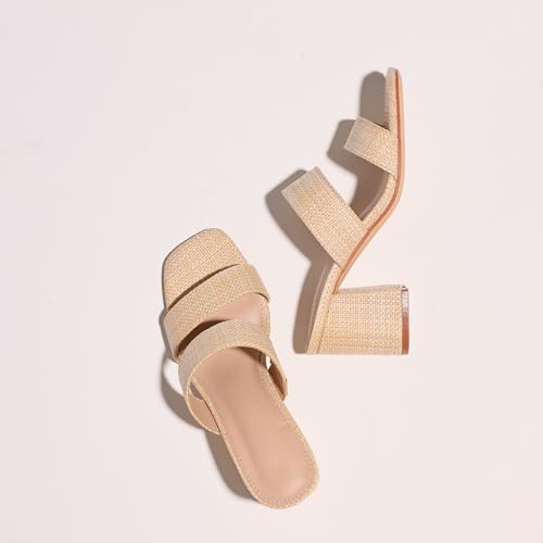 Image of Ancomafio Heeled Sandals for Women Raffia Sandals 2025 Chunky Block Heels Square Open Toe Heels Double Strap Summer Dressy Shoes Slip On