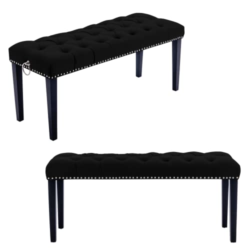 Heah-Yo Modern Velvet Tufted Bench, 18" Seat Height Upholstered Ottoman Dining Bench With Pull Rings, Nailhead Trim Footstool For Entryway Bedroom Kitchen Dining Table, Black #TOP2