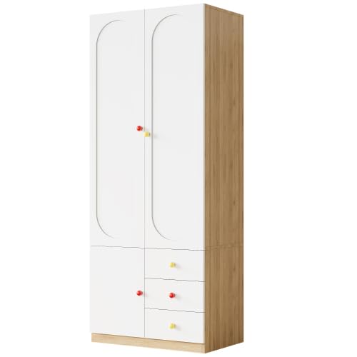 Merax Armadio con cassetti per cameretta dei bambini, bianco, finitura laccata, con asta appendiabiti e manici in ceramica colorata, 80 × 45 × 200 cm, armadio piccolo per vestiti per bambini
