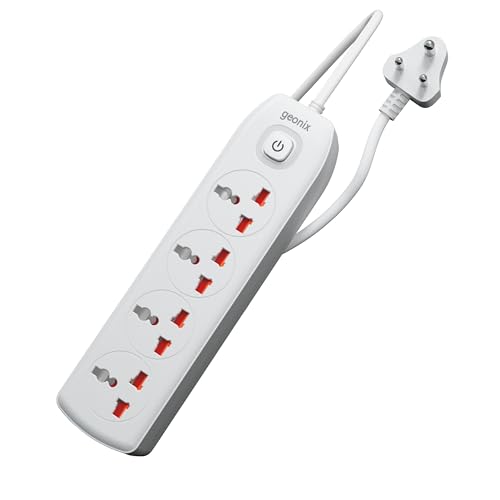 Image of Geonix PowerSpan S4 Pro | Extension Board with 4 Universal Sockets with on Off Button, 3mtr Long Copper Cable, 2500 Watts, 10 Amp Multi Plug for Office & Home Appliances (White)