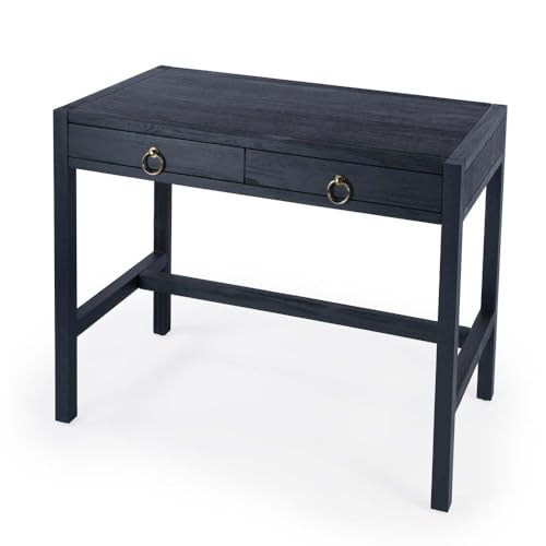 Image of Transitional Writing Desk with 2 Drawers, Acacia Wood Home Office Computer Workstation in Blue with MDF Construction