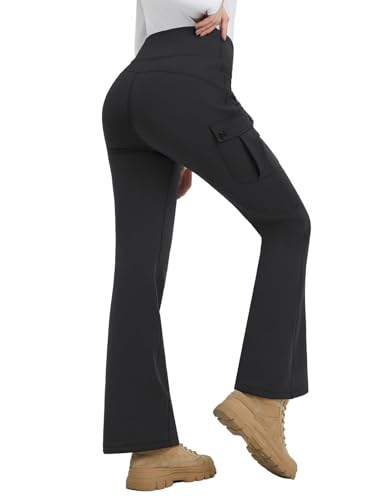 baleaf Women's Thick Fleece Lined Pants Flare Leg Winter Snow Water Resistant Cargo Pockets High Waisted Warm2
