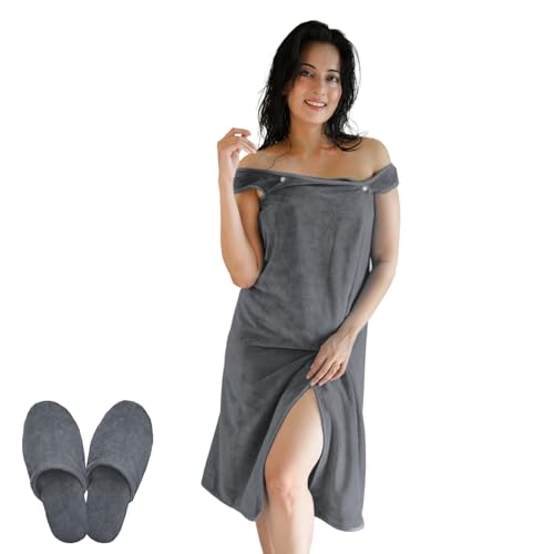 Image of Sassoon Venir Microfiber Bath Wrap Towel with Slippers for Women (Pack of 1) - Stormdust Color,450 tc