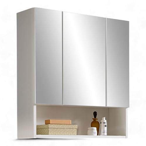 Mandy - Armadietto a specchio in lucido con molto spazio 65 x 71 x 20 cm da bagno bianco