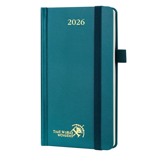 POPRUN Taschenkalender 2026 Klein 16,5 x 9 cm (Jan.2026-Dez.2026) - Kalender 2026 Klein Hardcover - Terminplaner, Planer 1 Woche 2 Seite mit Innentasche - Pazifikgrün