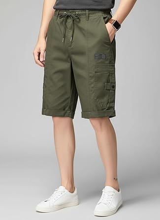 Image of Men Cargo Shorts with Drawstring Waist, Side Flap Pockets, Knee Length, Casual Style, Men Shorts || Cotton Short for Men || with Pocket Style (in, Numeric, 34, Regular, Dark Green)