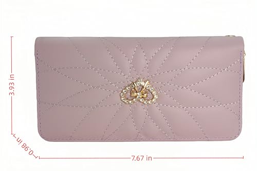 Women's long wallet with crystal bow, women's ultra-thin wallet with wristband, large capacity phone case, pink purple, 7.67 x 3.93 inches3