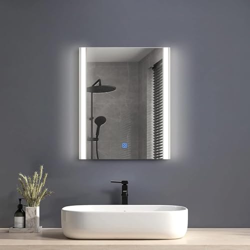CLIPOP Miroir de salle de bain avec éclairage, miroir de salle de bain LED avec interrupteur tactile, miroir mural IP44, éclairage écoénergétique, 3 couleurs de lumière réglables (40x50 cm)