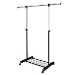 LiaMeE Heavy Duty Clothes Rail for Bedroom, Adjustable Clothes Rack on Wheels,Hanging Rail for Clothes, Black & Chrome