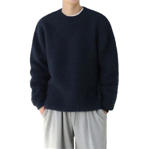 Men's Round Neck Wool Blend Knit Sweater Tops Fashion Loose Long Sleeve Solid Color Fleece Knit Sweater