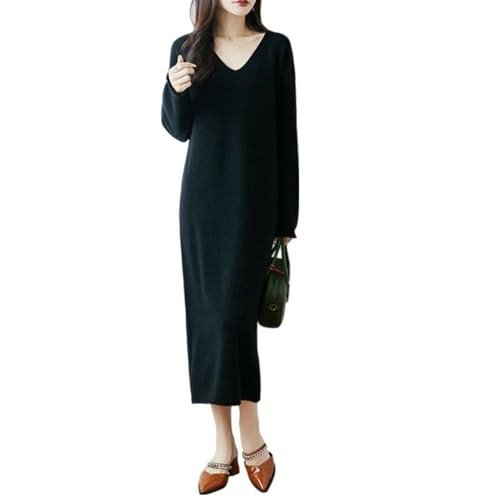 Robe longue en laine tricotée anti-froid à col en V fluide pour femme en automne hiver