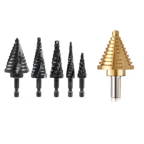 Image of ZELCAN 10 Sizes Titanium Step Drill Bit, 1/4 to 1-3/8 Inches Bundle with 5PCS Step Drill Bit Set