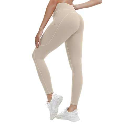 AMLEER Buttery Soft Leggings with Pockets for Women High Rise No Front Seam Yoga Pants Tummy Control Casual Lounge Leggings Beige Medium