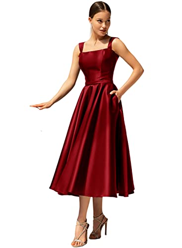 Women's Satin Mother of The Bride Dresses with Pockets A-line Tea Length Formal Evening Gown for Wedding4