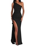 LAGSHIAN Women's Elegant Maxi Dress One Shoulder Sleeveless High Split Ruched Wedding Guest Long Dress Black