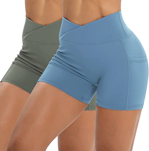 Workout Shorts for Women 2 Pcs Pack Cross Waist Active Gym Spandex Stretchy Yoga Compression with Side Pockets Blue+Olive-M