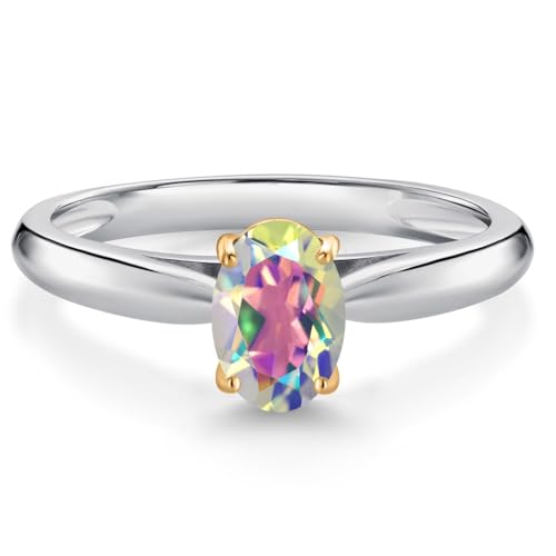 Gem Stone King 925 Sterling Silver and 10K Yellow Gold Mercury Mist Mystic Topaz Solitaire Engagement Ring For Women (1.00 Cttw, Oval 7X5MM, Gemstone Birthstone, Available In Size 5, 6, 7, 8, 9)