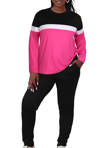 LovelyWholesale Womens Plus Size 2 Piece Sets Long Sleeve Top and Lounge Pants Tracksuit Hot Pink 3X-Large