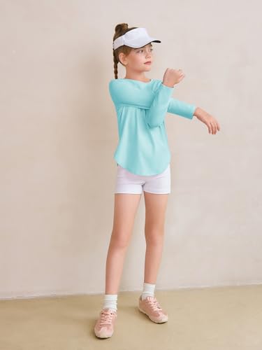 Image of Haloumoning Girls Long Sleeve T Shirts Kids Crewneck Tops 5-14 Years | Solid Color, Casual Loose Fit, Basic Tees, Curve Hem, Side Slit, Soft Tunic Tops, Fashion Clothes