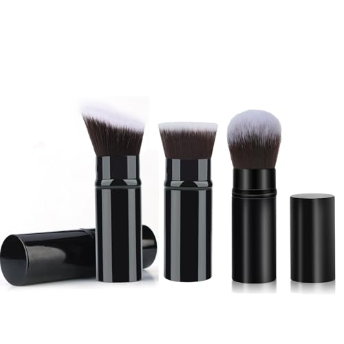 Image of 3-Piece Portable Makeup Brush Set - Retractable Kabuki Brushes for Foundation Powder Blush - Soft Vegan Bristles with Travel Case - Face Cosmetic Tools for Women & Everyday Beauty Routine