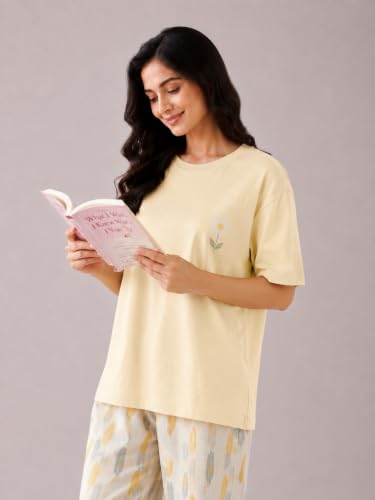 Image of Celary Korean Women's Pyjama Set|Half Sleeve T-Shirt & Printed Pyjama Set for Women|Size:- M to 4XL|Soft Cotton Blend Comfortable Night Suit for Women