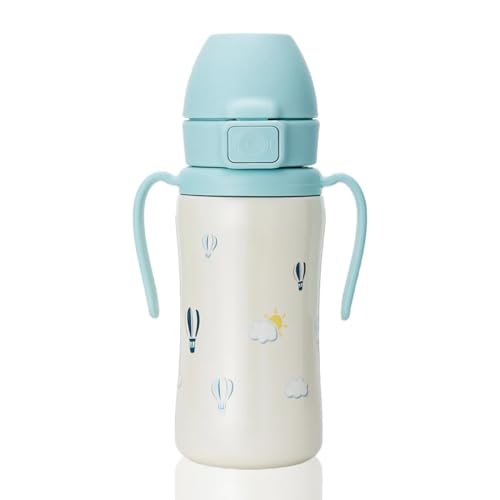 GROSMIMI Stainless Steel Baby Straw Cup Insulated Spill-Proof Sippy Cup with Carry Strap & Flip-Top for Toddlers 12+ Months Bite-Resistant Silicone Straw BPA-Free Stage 2 10oz (Air Balloon)