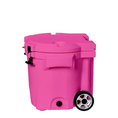 Image of Laka Cooler with Wheels - 30QT Rotomolded Insulated Rolling Hard Cooler, Telescoping Handle, Holds 24 Cans + Ice, Up to 7 Days Cold, Drain Plug, Cup Holders + Bottle Opener, Beach /Camping /Boat