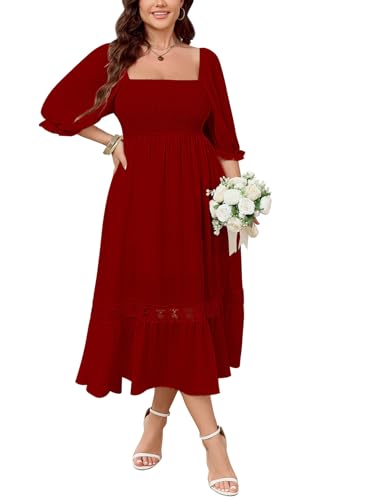 Image of SCOMCHIC Women's Plus Size Boho Maxi Dress Short Sleeve Square Neck Smocked Flowy A-Line Lace Trim Wedding Guest Dresses