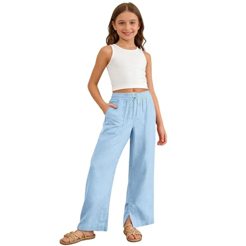 Image of Girls Linen Pants Wide Leg School Uniform Pants Cozy Elastic Waist Summer Casual Beach Lounge Trousers with Pockets